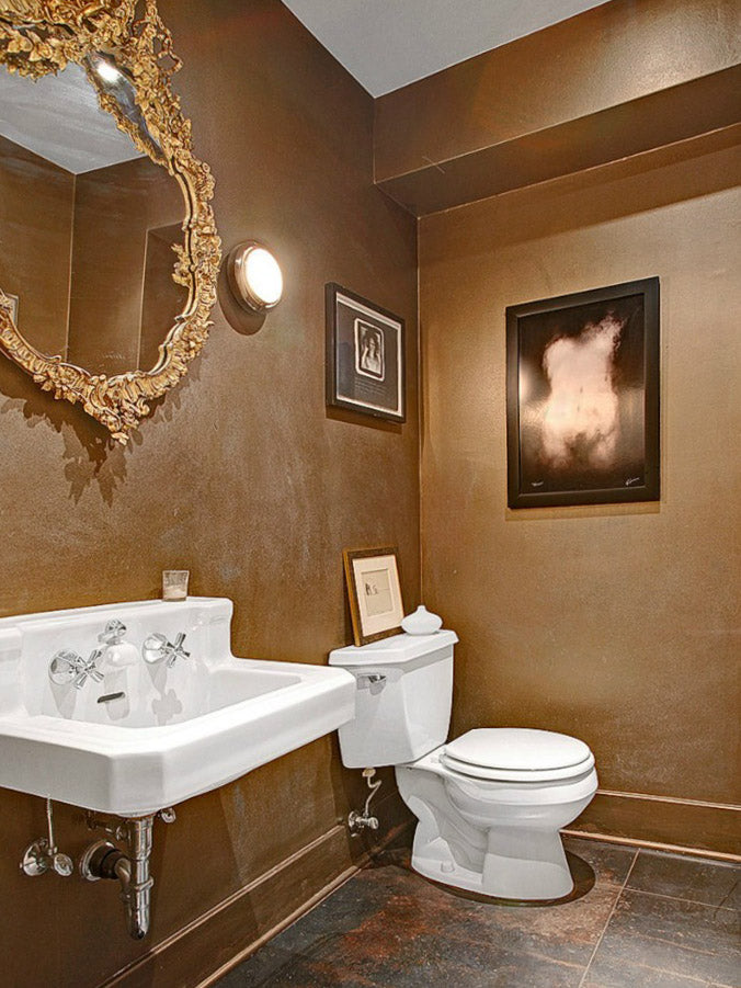 Powder room with walls finished in warm bronze Metallic Paint